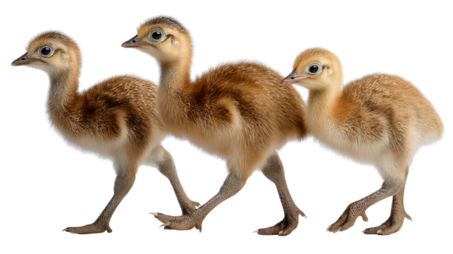 Little Ostrich Chicks Strolling: A charming portrait of three adorable ostrich chicks walking together, capturing their curious expressions and playful demeanor.