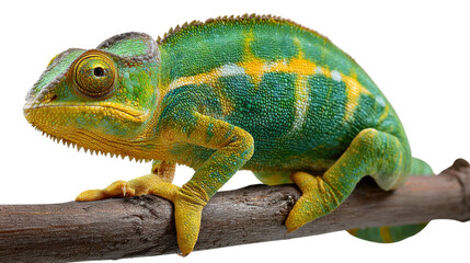 Obraz premium Colorful Chameleon on Branch: A vibrantly colored chameleon clings to a wooden branch. The vibrant hues and the intricate skin texture of this fascinating reptile.