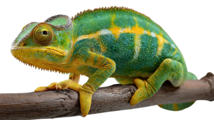 Colorful Chameleon on Branch: A vibrantly colored chameleon clings to a wooden branch.  The vibrant hues and the intricate skin texture of this fascinating reptile.
