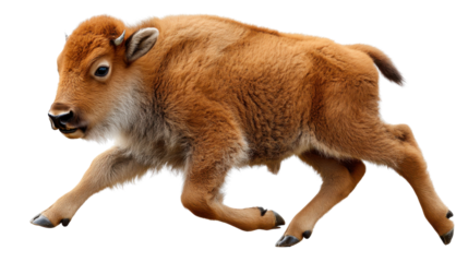 Bison Calf Galloping: A young bison calf, a symbol of untamed spirit, races across a vibrant plane, portraying the essence of agility and unbound freedom.