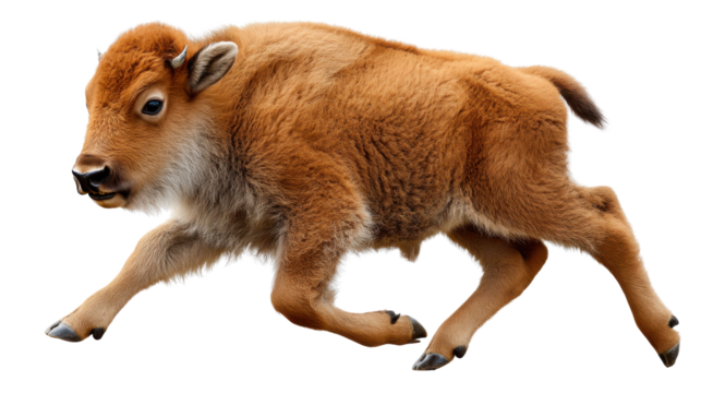 Bison Calf Galloping: A young bison calf, a symbol of untamed spirit, races across a vibrant plane, portraying the essence of agility and unbound freedom.