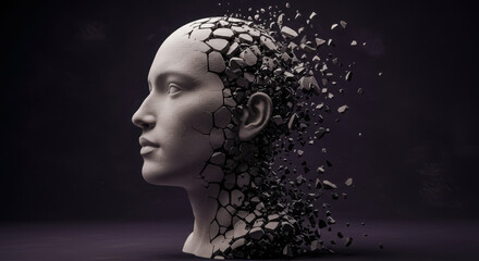 Abstract sculpture of a human head dissolving into fragments against a dark background