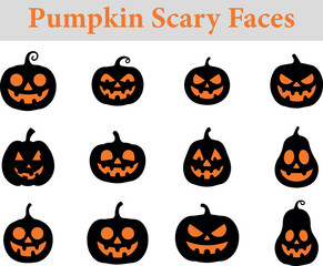 Collection of diverse Halloween pumpkin faces with expressive carved expressions isolated on transparent background 
