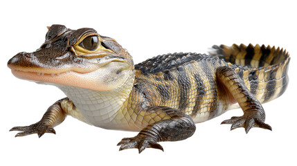 Naklejka premium Young Alligator Portrait: A captivating portrait of a young alligator, with intricate scale patterns and a determined gaze. Its vibrant colors and textured skin stand out.