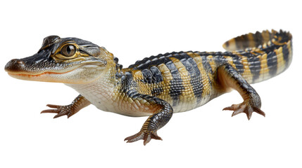Fototapeta premium Young Alligator Portrait: A detailed close-up portrait of a juvenile alligator showcases its intricate patterns, textures, and a hint of the wild in its eye, set against a bright background.