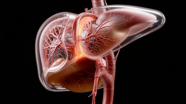A close-up of a human liver with arteries and veins inside