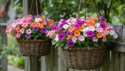 Two woven hanging baskets overflow with vibrant petunias in shades of pink, purple, orange, white. Colorful blooms brighten rustic wooden fence in early summer, creating charming garden display.