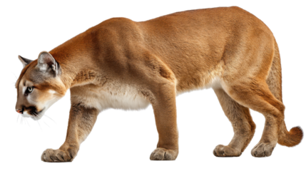 Majestic Cougar in Motion: A stunning cougar, the epitome of stealth and strength, strides confidently, its focused gaze and powerful build a testament to its wild grace.