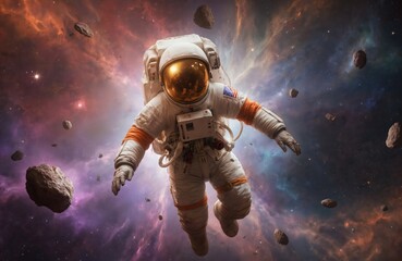 Fototapeta premium Astronaut floating in deep space, surrounded by nebulae and asteroids. White suit, orange accents, reflective golden helmet. Exploration, adventure, discovery theme.