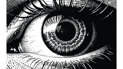 Close up view of a detailed eye illustration with eyelashes and pupil in black and white tones