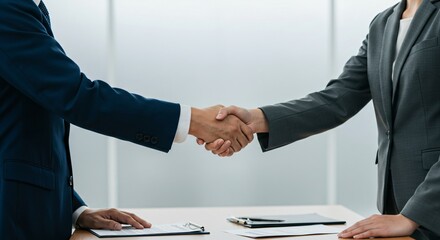 Two men shaking hands, symbolizing agreement and partnership. Professional collaboration and welcoming gesture for business meeting.