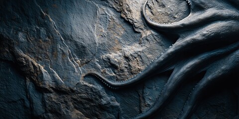 A close-up of an octopus shows its detailed tentacles and suckers against a dark, rocky background. The image evokes fantasy and the mythical allure of these legendary creatures.
