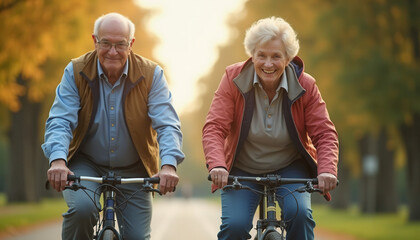 Elderly couple riding bicycles together in autumn park during sunset