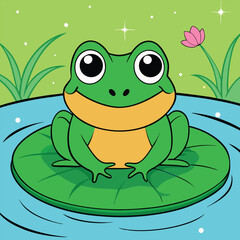 Fototapeta premium Cute cartoon frog sitting on a lily pad in a pond with a flower