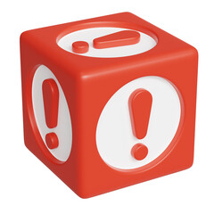 red cube with exclamation mark. Attention exclamation mark in red 3d cube icon illustration isolated on transparent background. Danger, warning, be aware concept