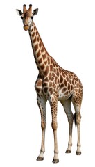 Naklejka premium African giraffe stands tall on white background, displaying unique brown spot pattern. This gentle mammal with long neck and legs is herbivore, often seen in safari or zoo settings.