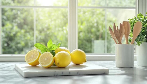 A bright and airy kitchen scene featuring a white countertop with fresh lemons and green mint leaves placed on a marble cutting board
