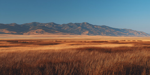 Fototapeta premium Golden grassland with distant mountains under clear blue sky 