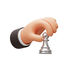3D illustration Hand holding silver pawn chess piece on Transparent Background