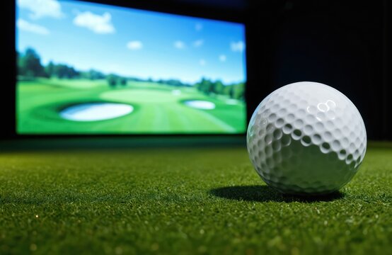 Golf ball on artificial turf at indoor simulator. Large screen displays scenic golf course. Realistic virtual environment for practice, training, and entertainment.