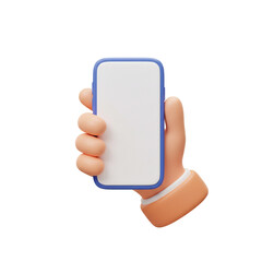 3D illustration Hand Holding Cartoon Phone with Blank White Screen on Transparent Background
