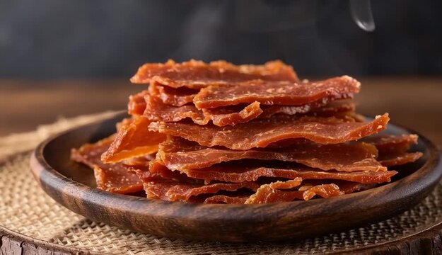 thinly sliced dried meat, pickled pork jerky ready for eating