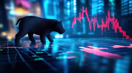 Financial Bull Market Trend; Black figurine walks;  night city background;  stock market graphs