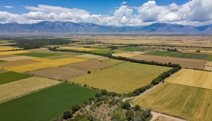 Aerial drone footage captures vast agricultural fields across valley, with diverse crops in various shades of green, yellow. Majestic mountains form dramatic backdrop under bright blue sky with