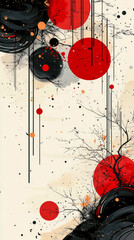 Obraz premium Contemporary Abstract Artwork in Japanese Aesthetic Featuring Bold Red Circles, Dynamic Black Swirls, Delicate Branches, and Subtle Splatter Textures on Serene Pale Background