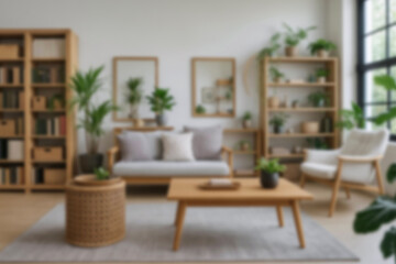 Blurred view of modern living room with sofa and soft bench. room interior with couch, armchair and coffee table or shelving units. stylish living room. comfortable workplace near big window.