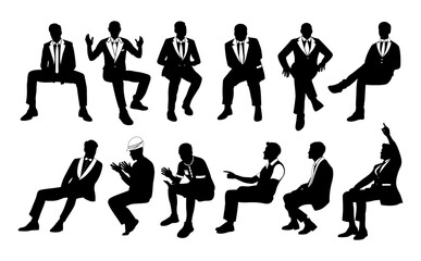 Crowd of men sitting greetings, elements of mens clothing. Book lover, patriot, democrat, boss, vegan, computer, scientist, writer