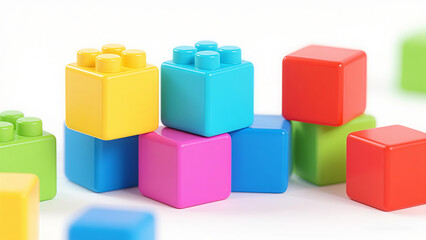 A close-up shot of colorful toy building blocks stacked on a white surface. The vibrant colors and clean composition make it ideal for illustrating themes of childhood, education, and creative play.