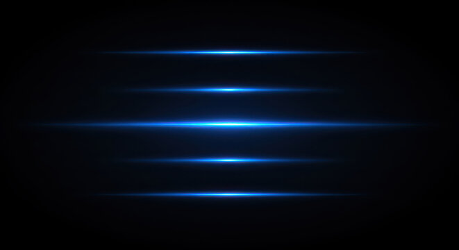 Abstract collection of glowing blue horizontal light streaks on a dark background