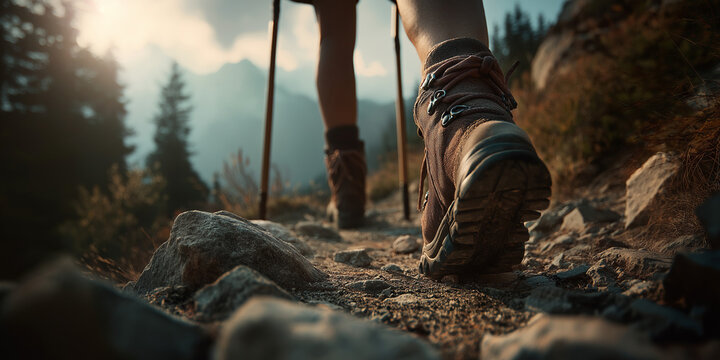 Hiker walking on rocky mountain trail at sunrise with trekking poles
