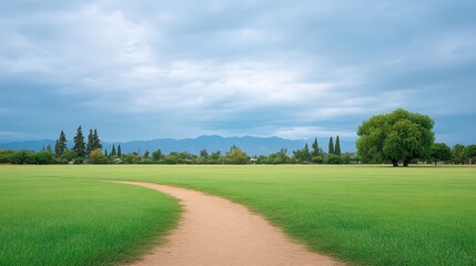 Obraz premium Serene Green Field with Pathway Under Overcast Sky