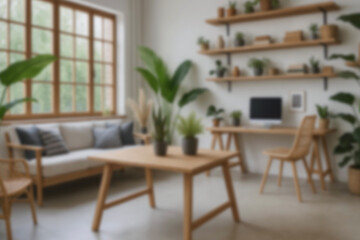 Blurred view of modern living room with sofa and soft bench. room interior with couch, armchair and coffee table or shelving units. stylish living room. comfortable workplace near big window.