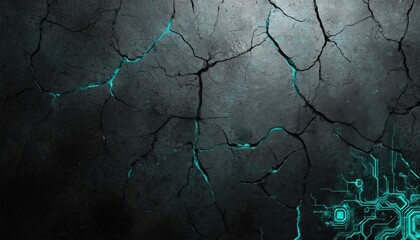 Abstract illustration features cracked wall texture in dark grey, teal hues. Vibrant turquoise circuitry glows through deep fissures, blending industrial grunge with futuristic digital design.