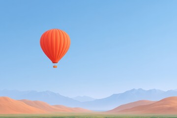Naklejka premium Bright Red Hot Air Balloon Over Desert Landscape Scene