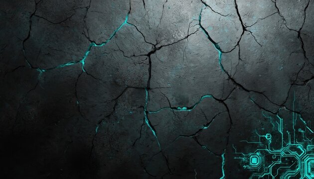 Abstract illustration features cracked wall texture in dark grey, teal hues. Vibrant turquoise circuitry glows through deep fissures, blending industrial grunge with futuristic digital design.