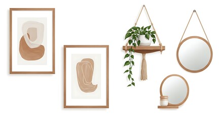 A set of 4 realistic illustration brushes of minimal wall art and decor on white background