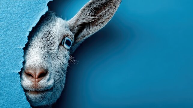 Saanen goat peeks through blue paper, symbolizing themes of equality