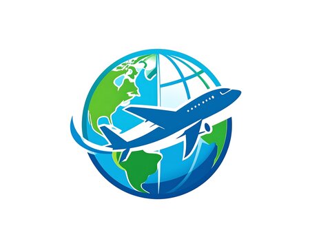 Global travel logo featuring a stylized globe with a jet plane