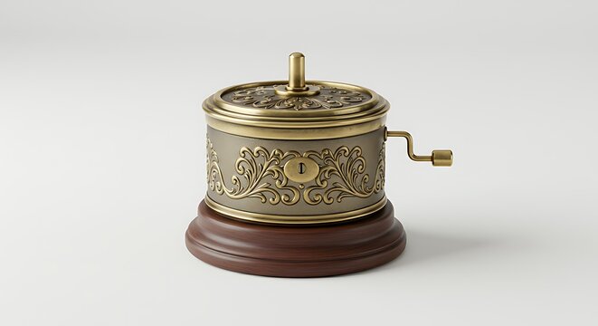 A realistic cute illustration of a vintage wind-up music box with delicate metal details and a glossy wooden base, softly lit and centered on a white background.

