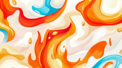 Obraz premium Vibrant abstract flow of fiery oranges, reds, and fluid blues, intertwining in dynamic, layered liquid shapes on smooth, light background, evoking energetic motion.
