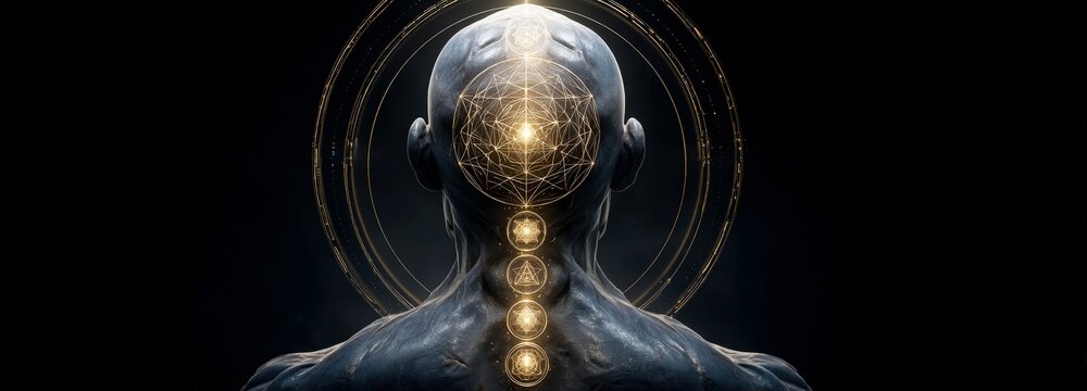 Exploration of energy centers through a silver auric outline against a dark backdrop