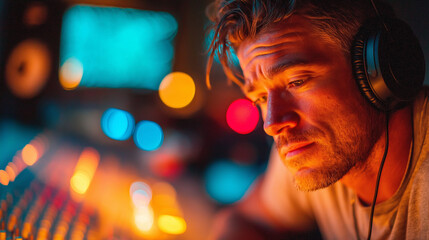 Focused musician with headphones immersed in vibrant, colorful studio lights