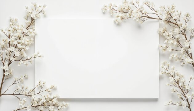 Elegant blank white template framed by delicate white floral branches. Ideal for first communion, wedding, birthday invitations, announcements. Minimalistic design with ample copy space offers serene