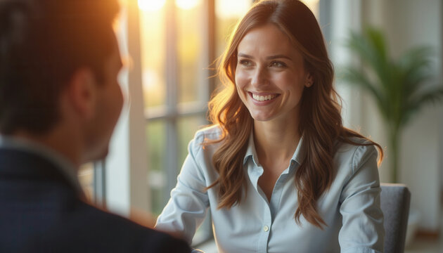 Smiling woman engaging in conversation with man indoors at sunset  