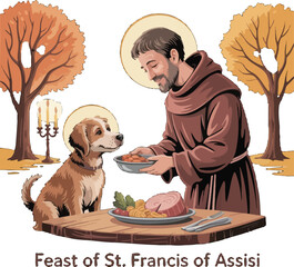 St. Francis of Assisi feeding a dog, celebrating animal welfare and faith