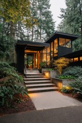 Modern architecture blends with nature in a serene forest setting featuring steps leading to a stylish home illuminated at dusk